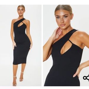 Black One Shoulder Asymmetric Neck Midi Dress